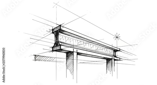 Loose architectural line art of a structural steel I-beam girder and column construction sketch