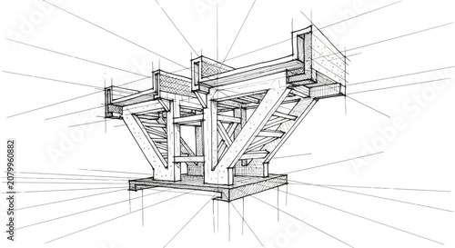 Loose Architectural Line Art Sketch of a Complex Structural Engineering Component in Perspective View