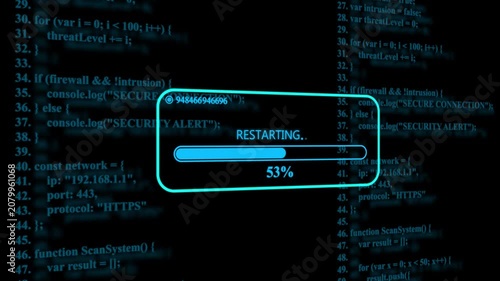 Digital system restart progress bar with blue programming code background, coding software development