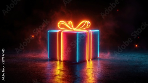 Glowing neon gift box with radiant bow on wet reflective floor, vivid blue and orange edges, smoky dark background and ember sparks evoking anticipation and wonder