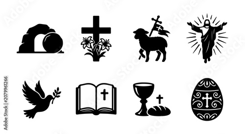 Foto Christianity Symbols Set: Cross, Easter Egg, Dove, Bible, Jesus, Lamb, Resurrect