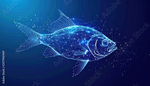 Futuristic blue wireframe fish design for technology concepts.