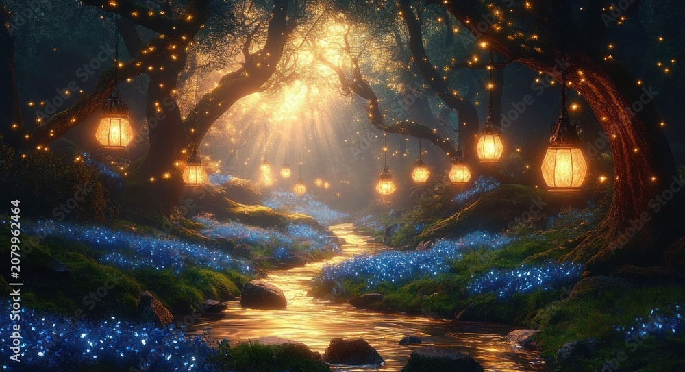 Fototapeta premium enchanted woodland stream with hanging lanterns, twinkling lights and a carpet of blue flowers bathed in golden sunbeams, evoking a tranquil, magical wonder