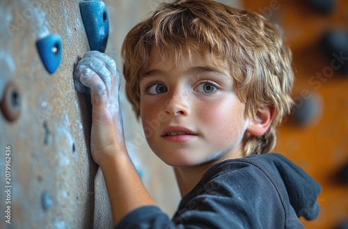 Focused young climber gripping a chalked blue handhold on an indoor rock wall, showing concentration and determination