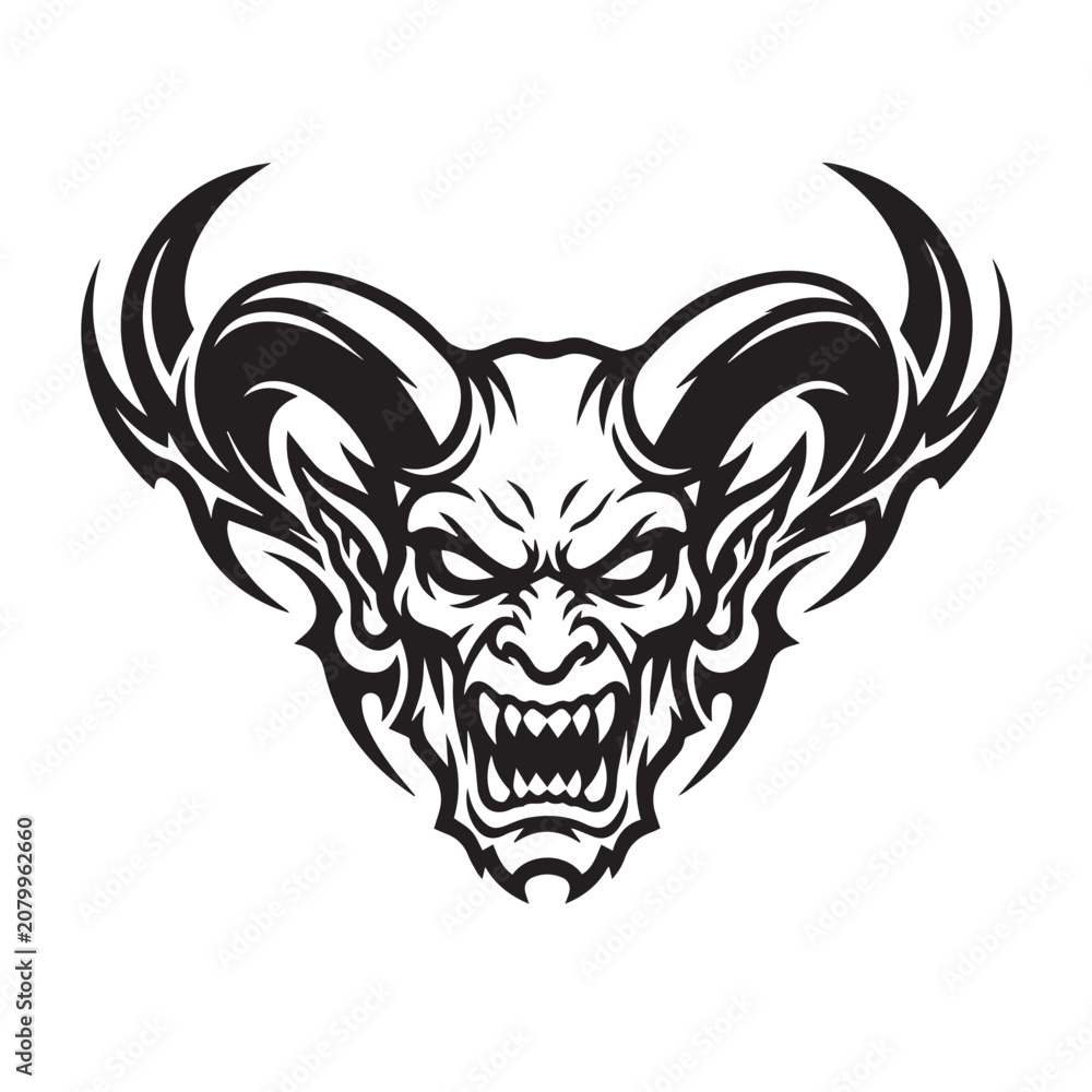 Fototapeta premium Aggressive Demon Head Illustration with Large Horns.