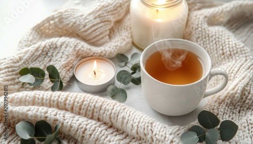 Steaming cup of tea in a white mug on a soft cream knit blanket with lit jar and tealight candles and eucalyptus sprigs, warm cozy peaceful mood