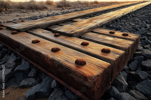 weathered wooden railroad ties with rusted bolts on gravel ballast in a dry landscape at golden sunset conveying solitude and nostalgia