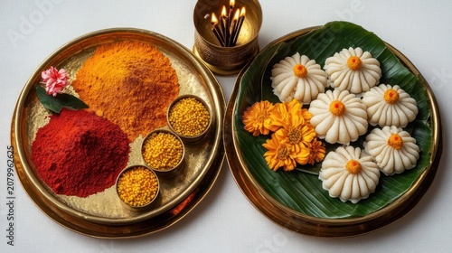 Two golden trays with vibrant ritual powders, small bowls of yellow lentils, marigold flowers and white sweet dumplings on a banana leaf with burning incense, serene festive offering