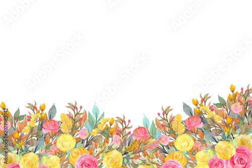 Beautiful autumn floral bottom border frame vector decorated with blooming roses and wild meadow flowers