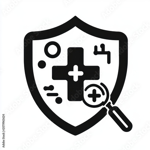 shield with medical cross and magnifying glass inspecting small particles and abstract microbes, conveying protective health inspection and safety reassurance