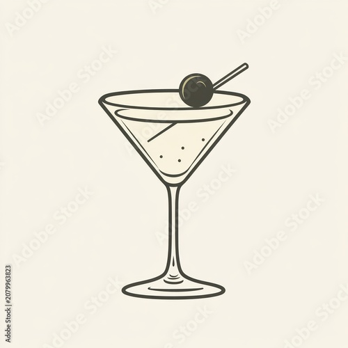 Minimalist martini glass with stem, clear liquid and olive on a cocktail pick, simple line art on a soft beige background evoking calm sophistication