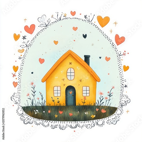Cozy yellow cottage with blue heart-shaped door and chimney, surrounded by grass and wildflowers, floating hearts and stars inside a lace-like decorative frame, whimsical and warm