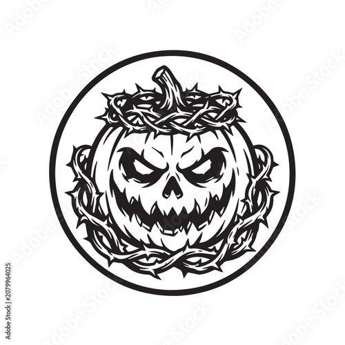 Vintage style pumpkin with thorny vines illustration.