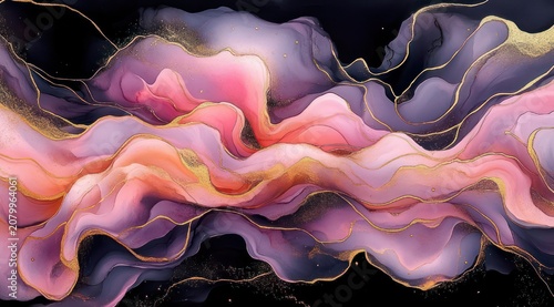 dreamy flowing ribbons of pink and purple with metallic gold veins on a deep black background, ethereal layered waves conveying calm luxurious motion