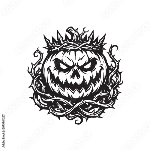 Spooky halloween pumpkin with crown of thorns black and white vector illustration.
