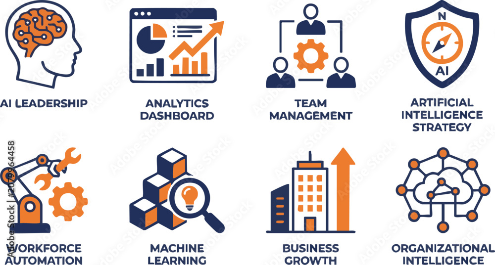 Fototapeta premium Artificial Intelligence Business Leadership Icon Set – AI Analytics Dashboard, Machine Learning, Workforce Automation and Smart Organization Flat Vector Icons
