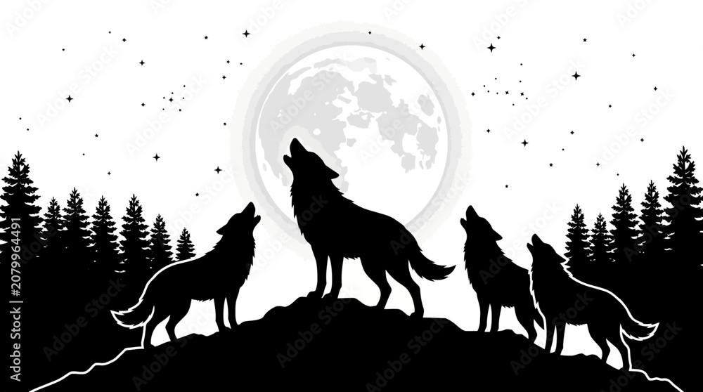 Obraz premium Forest Animals Wolves with pine trees forest Silhouette - black silhouette of wolf howling at the moon, standing on a grassy hill with pine trees in the background