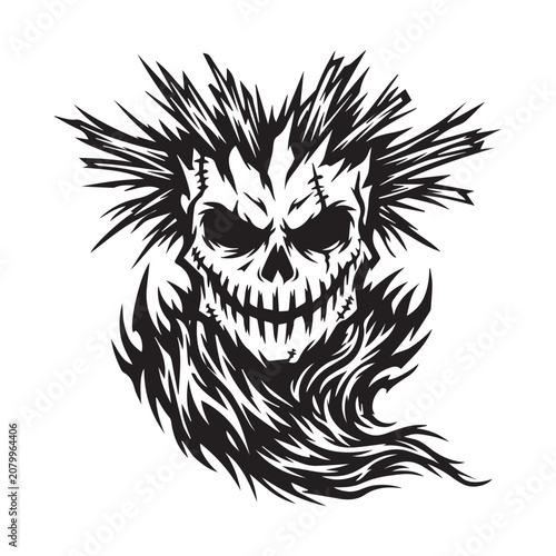 Spooky punk skull with spiky hair and jagged grin illustration.