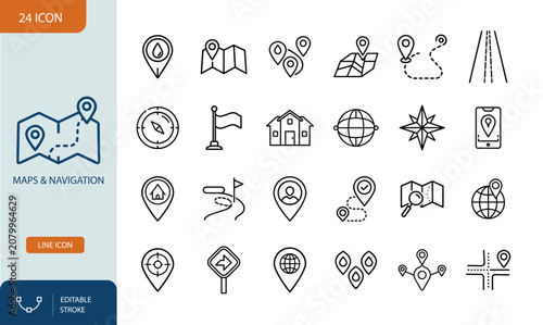 Maps and Navigation Line Icons Set, Editable Stroke Vector UI Elements. Editable stroke. Vector illustration