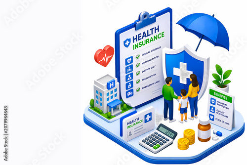 3D isometric illustration of health insurance protection with family, medical coverage, hospital, shield, and healthcare benefits concept.