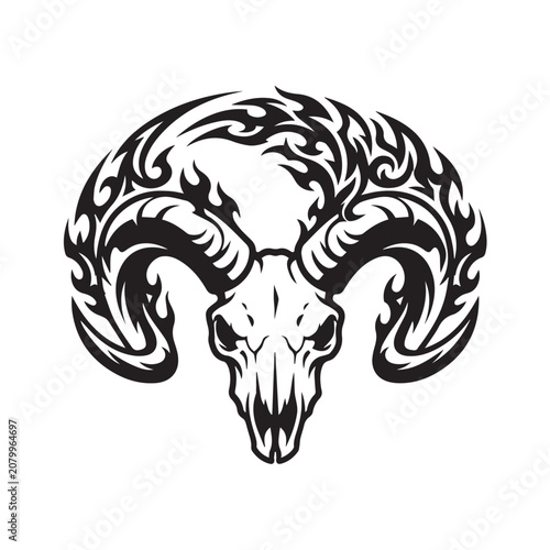 Tribal style ram skull vector illustration with flame horns.