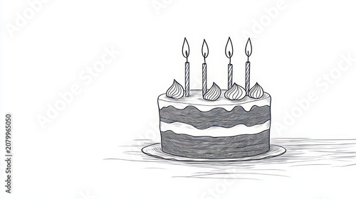Sketch of a layered birthday cake on a plate with four lit candles and dollops of frosting, minimalist celebratory mood