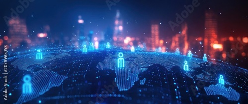 Glowing digital globe with illuminated network nodes and human icons over a dotted world map against a blurred neon city skyline, conveying global connectivity and futuristic energy