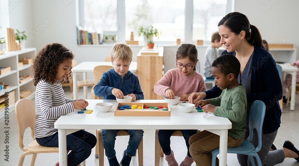 Obraz premium A diverse group of young children and their teacher engaged in a learning activity at a table in a bright classroom.