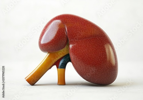 glossy crackle-glazed red kidney-shaped sculpture with two short yellow tubular supports on white surface, surreal and playful curiosity