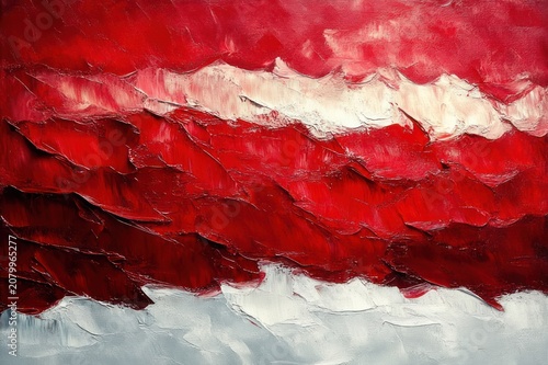 textured red and white impasto painting with layered horizontal waves, bold brushwork and intense passionate movement