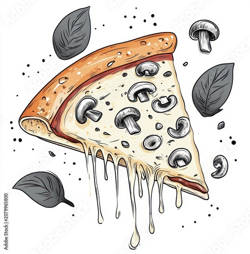 illustration of a gooey mushroom pizza slice with melted cheese dripping, sliced and whole mushrooms, fresh basil leaves, tomato sauce, golden crust and sprinkled seasoning, tempting and savory
