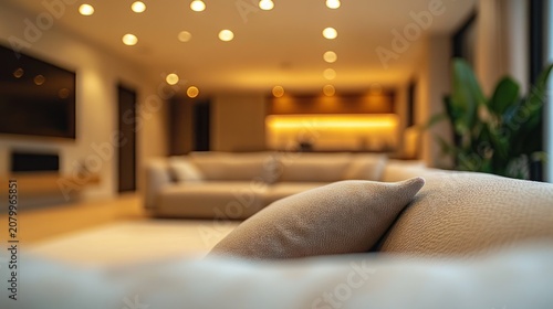 Cozy modern living room with soft beige sofa and cushions, warm recessed ceiling lights, blurred background, potted plant by large window, inviting relaxed atmosphere