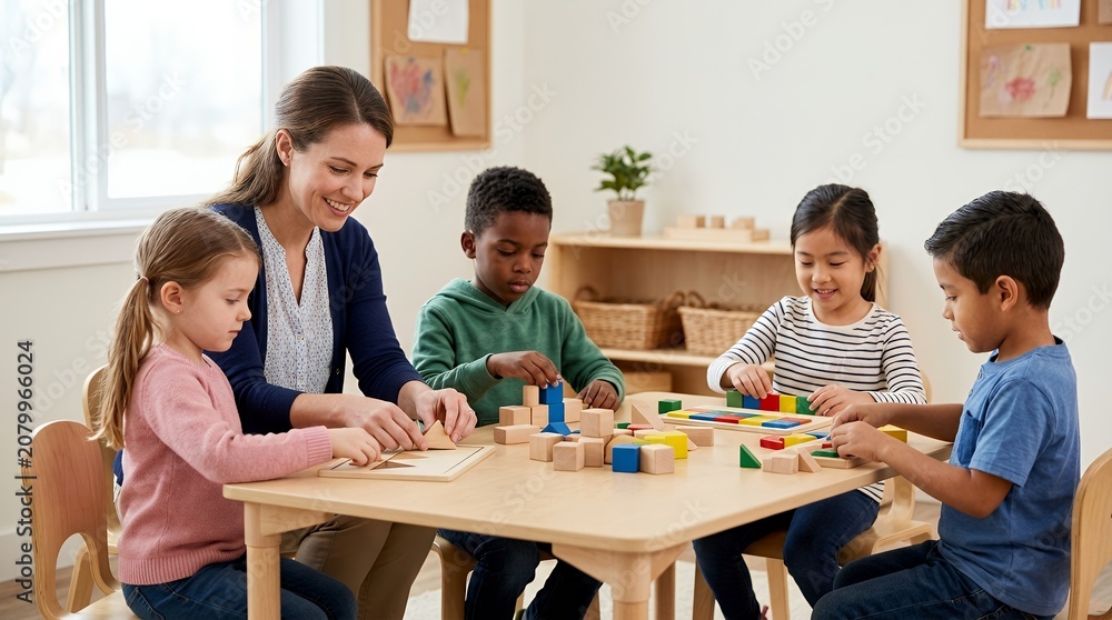 Obraz premium A smiling female teacher helps four diverse young children play with wooden building blocks at a table in a bright classroom setting.