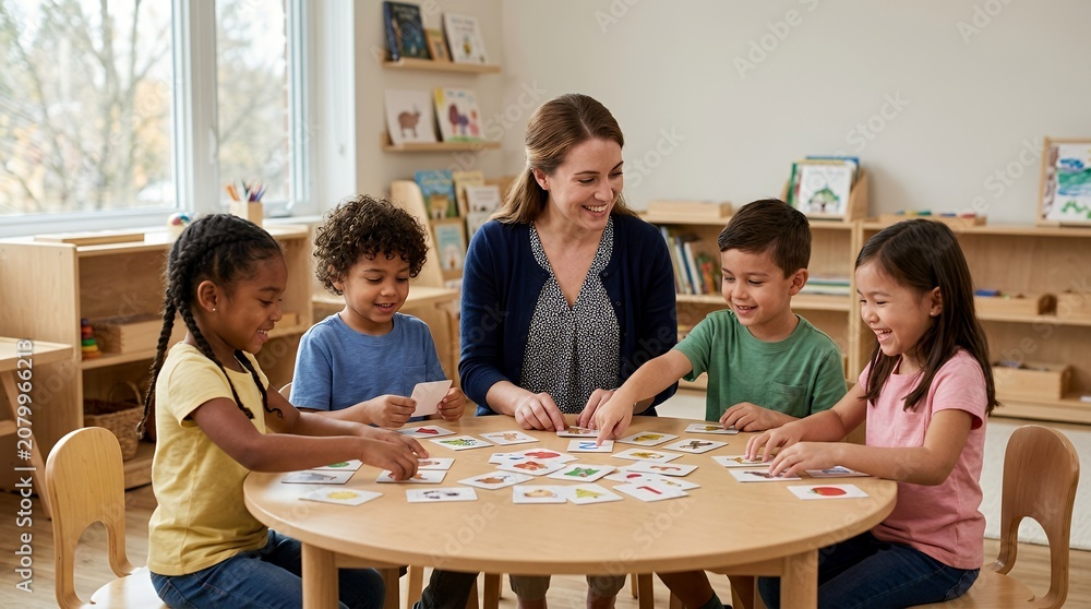 Obraz premium A smiling female teacher engages with four diverse young children playing a card game at a round wooden table in a bright classroom setting.