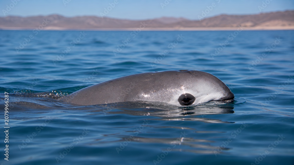 Fototapeta premium Rare Vaquita Porpoise Swimming Calmly in Blue Ocean Water Close Up Wildlife Photography.