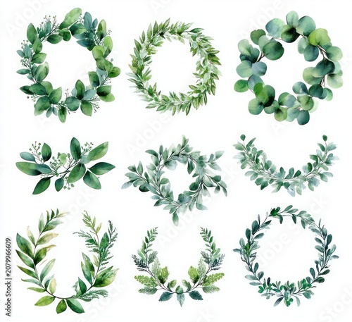 nine hand painted watercolor green leaf wreaths and foliage arrangements on white background, fresh and calming botanical collection