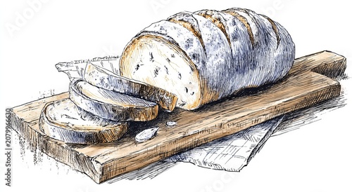 Artistic Watercolor Bread Loaf and Slices on Wooden Board.