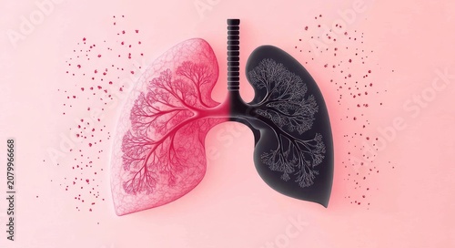 Contrasting lungs: left pink healthy lung and right black diseased lung with detailed bronchial trees, central trachea and scattered particles conveying alarm and concern