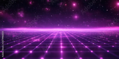 neon purple grid stretching to a glowing horizon under a starry glowing sky, retro futuristic synthwave landscape evoking dreamy nostalgic surreal atmosphere