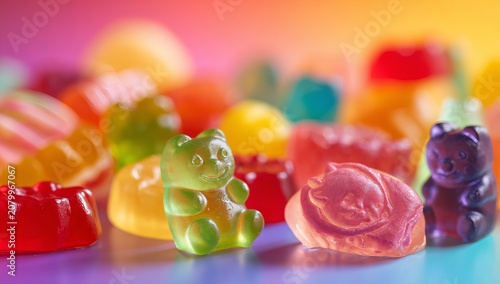 Colorful gummy candies in various shapes and flavors.