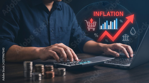 Man Working on Laptop and Calculator with Inflation Graphics on Screen at Dark Wooden Desk with Coins