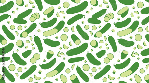 Bild auf Leinwand Pattern of Fresh Green Peas and Pods with Cucumbers in a Vibrant Repeating Design