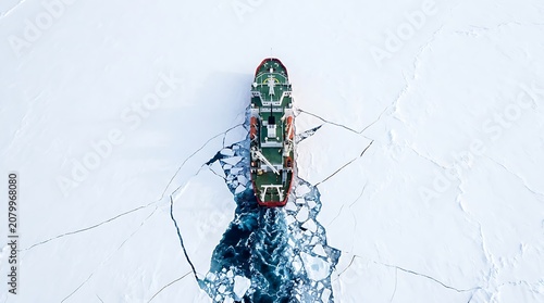 Aerial view of icebreaker ship navigating frozen arctic waters, breaking through ice floes, ship cutting path through thick ice, cold environment, exploration.