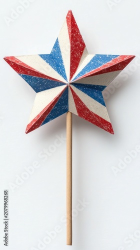 five-pointed red, white and blue glitter star on a wooden stick against a white background, festive and cheerful