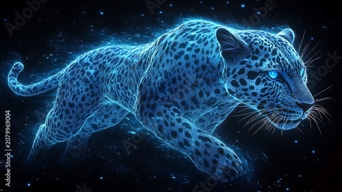 Glowing blue leopard in motion