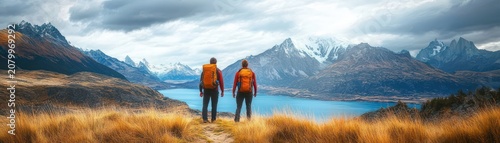 two hikers with orange backpacks stand on a grassy ridge overlooking a turquoise mountain lake and snow-capped peaks beneath a dramatic cloudy sky, evoking awe and adventure