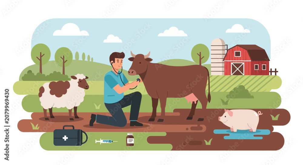 Fototapeta premium Veterinarian examining cow with sheep and pig in farm setting illustration