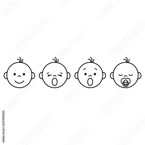 Four simple line art icons showing a baby with different facial expressions in a row on a clean surface in this black and white digital illustration for your creative project