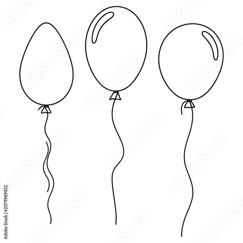 Three simple black and white line art balloons drawn with clean outlines show a festive party theme design in this minimalist digital illustration suitable for coloring books or creative projects.