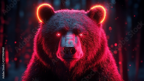 Glowing red bear in forest illustration